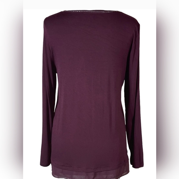 White House Black Market Lg Burgundy Silver Micro Bead Trim Chiffon Hem V-Neck - Picture 5 of 8